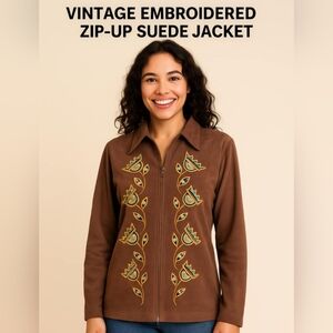 Bob Mackie Brown Utility Jacket with Embroidered Butterflies Y2K SUDE SIZE M